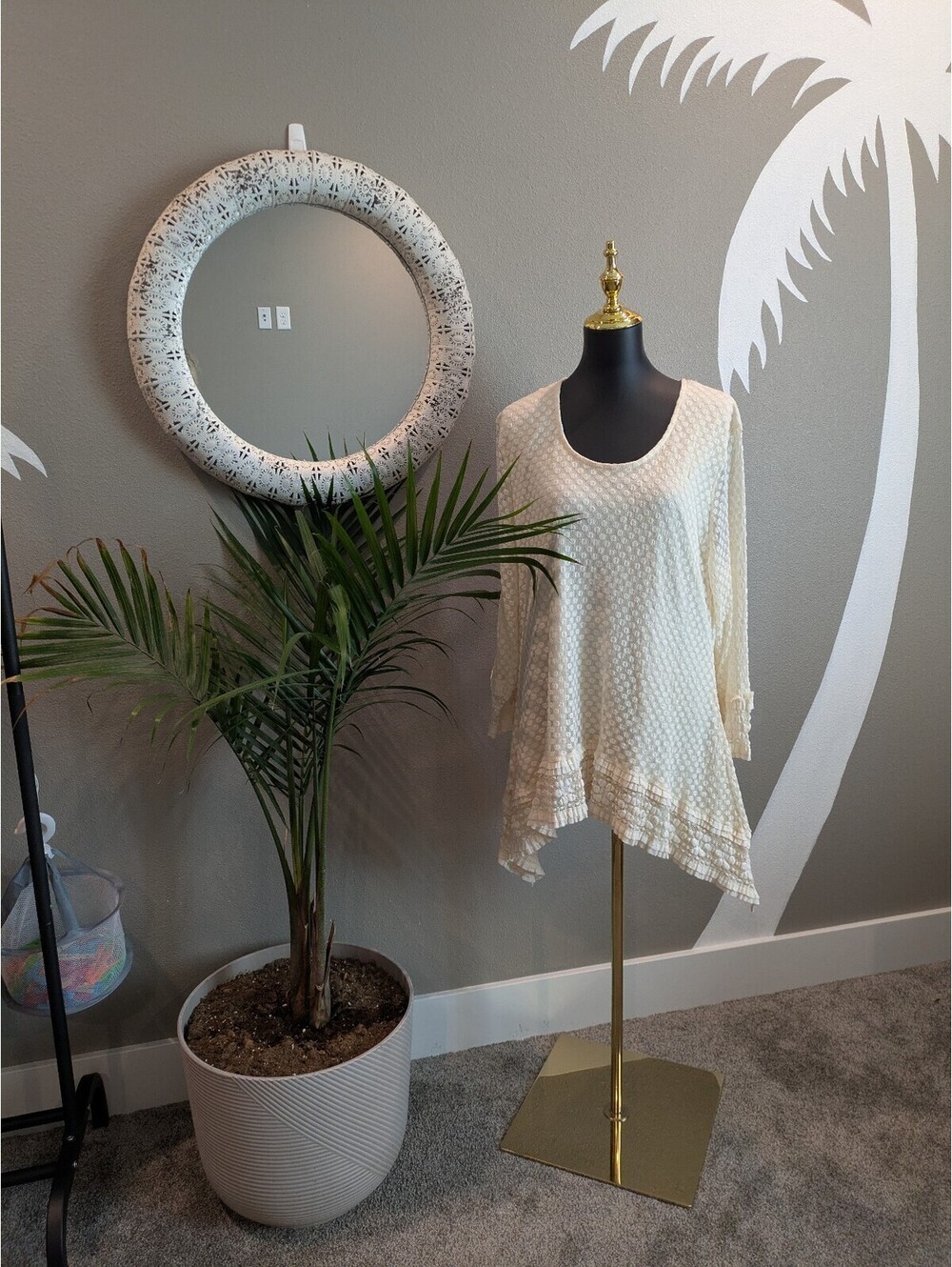 Cream Long Sleeve Textured Tunic Top with Asymmetrical Hem